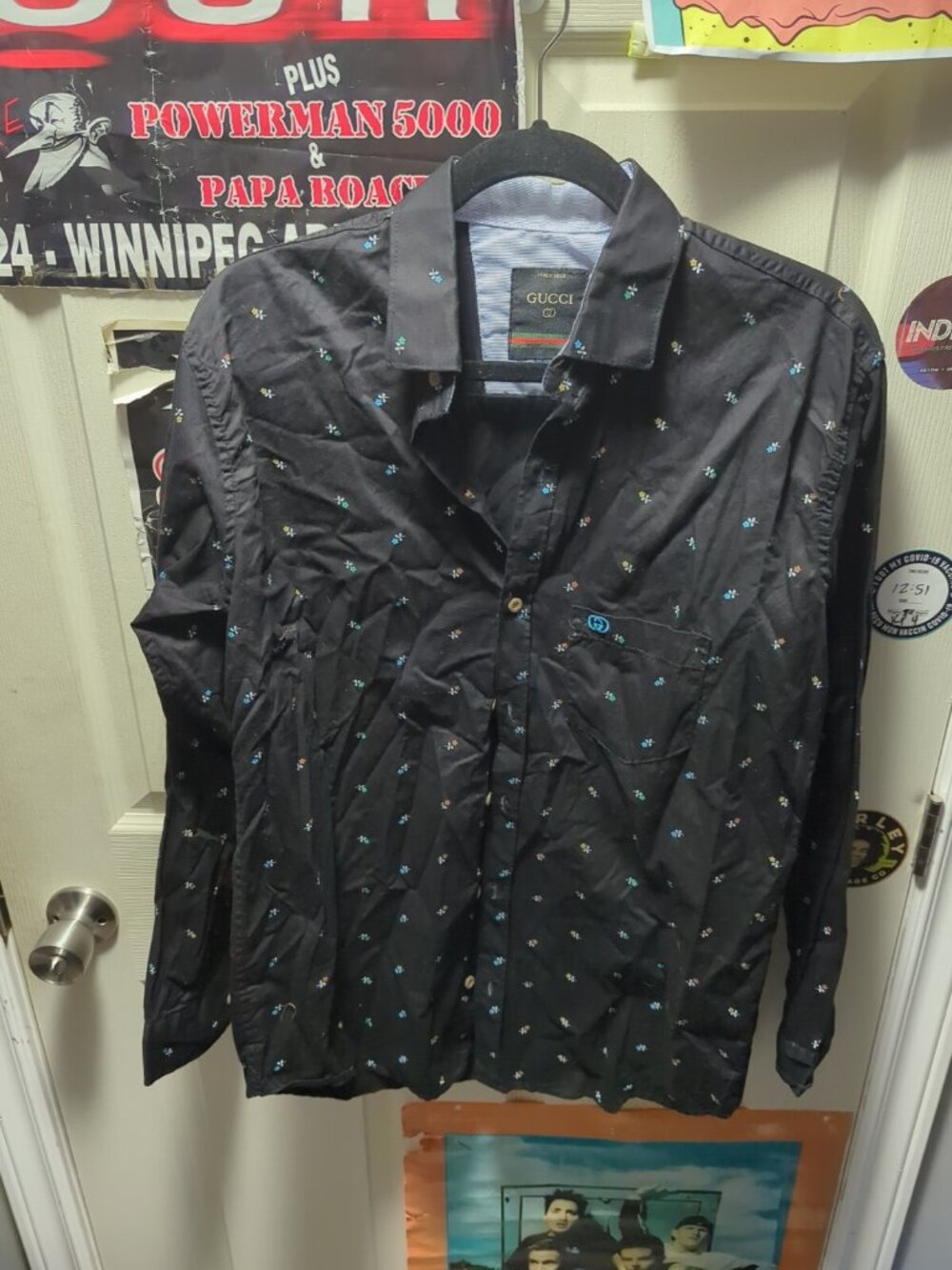 Unique GUCCI Men's Cotton Shirt  Size XL Black Flowers Floral